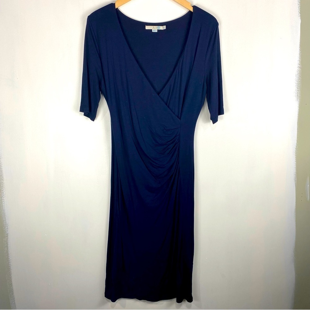 Boden Ruched Fitted Soft Stretchy Jersey Knit Short Sleeve Midi Dress Navy 6